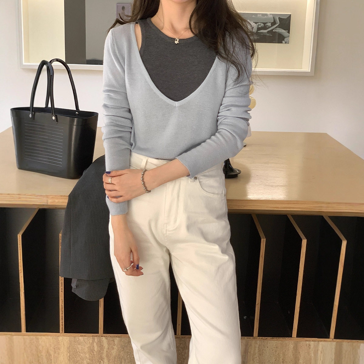 【7/25秋季新品】设计感撞色假两件长袖针织衫女MZ250252
