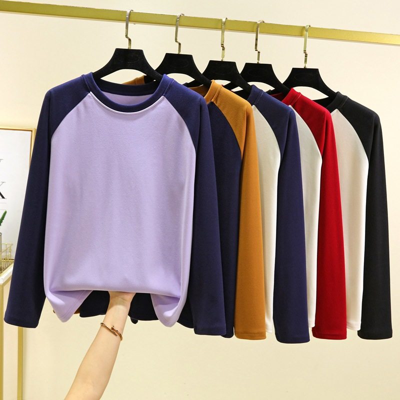 秋冬加厚长袖T恤女内搭德绒打底衫大码保暖加绒显瘦圆领撞色上衣