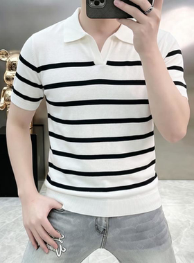 轻熟男士老钱黑白条纹翻领针织短袖POLO衫夏季简约百搭透气半截袖