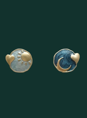 2021新款小众创意复古蓝色系耳钉S925纯银针耳饰AB不对称耳钉