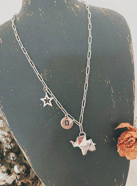 韩版S925银个性镂空星星项链女复古时尚创意折纸大象圆牌锁骨链饰