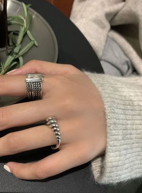 韩国东大门s925纯银立体重工戒指扭纹开口指环食指戒冷淡风小众潮