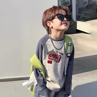 t恤韩版 打底衫 春装 中大童拼袖 儿童上衣内搭t 2024新款 男童纯棉长袖