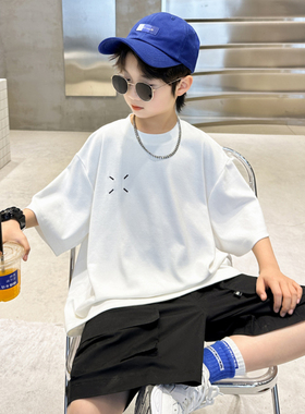 男童短袖t恤夏季2024新款儿童夏装白色纯棉t中大童宽松上衣潮童装