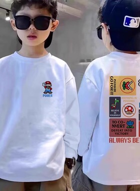 2025春秋冬新款白色圆领薄款中大男童纯棉长袖T恤休闲内搭打底衫