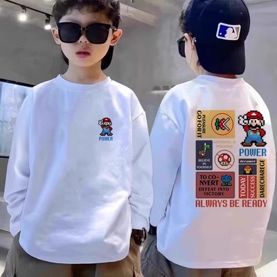 2025春秋冬新款白色圆领薄款中大男童纯棉长袖T恤休闲内搭打底衫