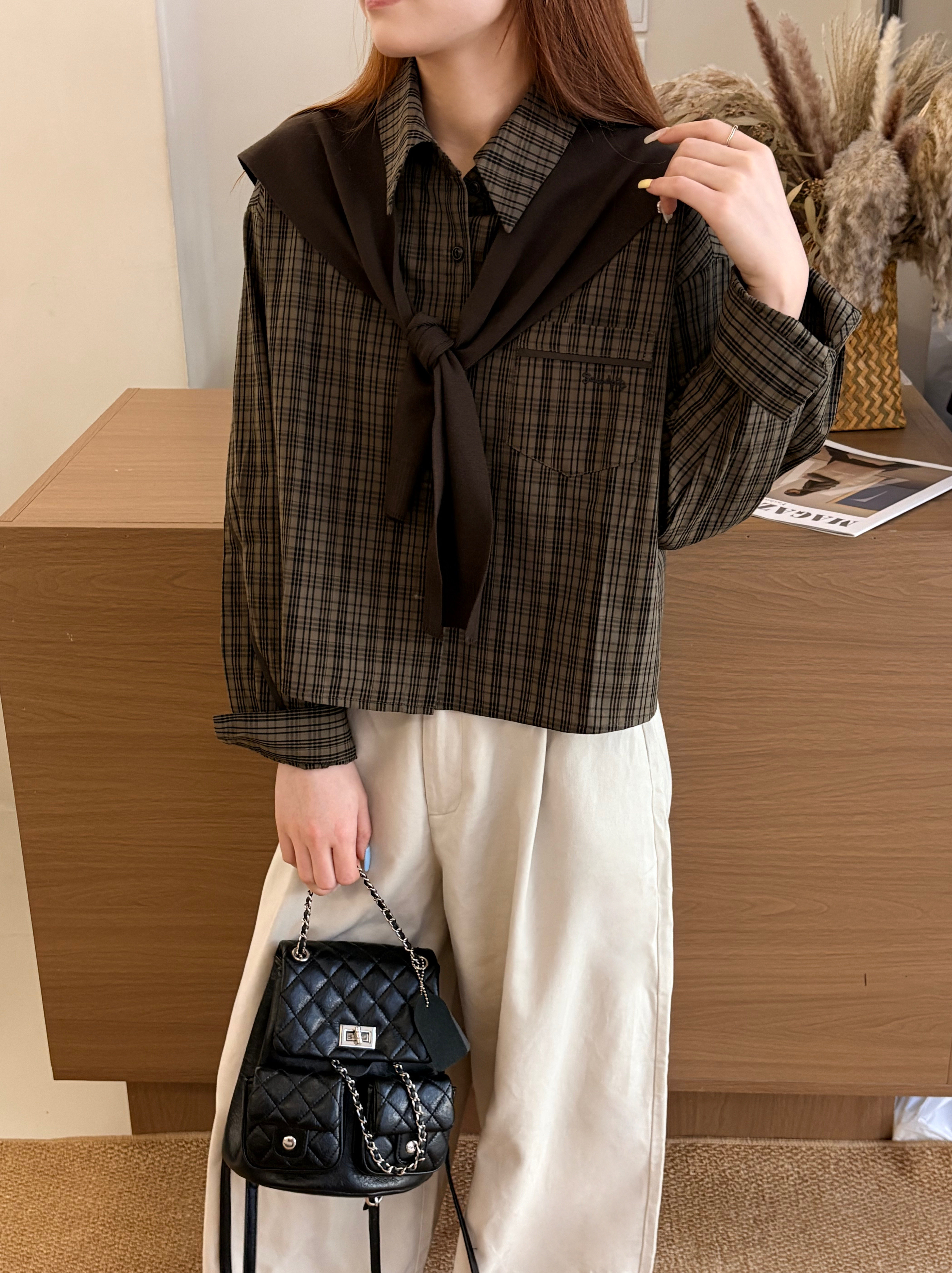 2026新款韩版宽松休闲百搭女士格子衬衫 披肩两件套女全棉