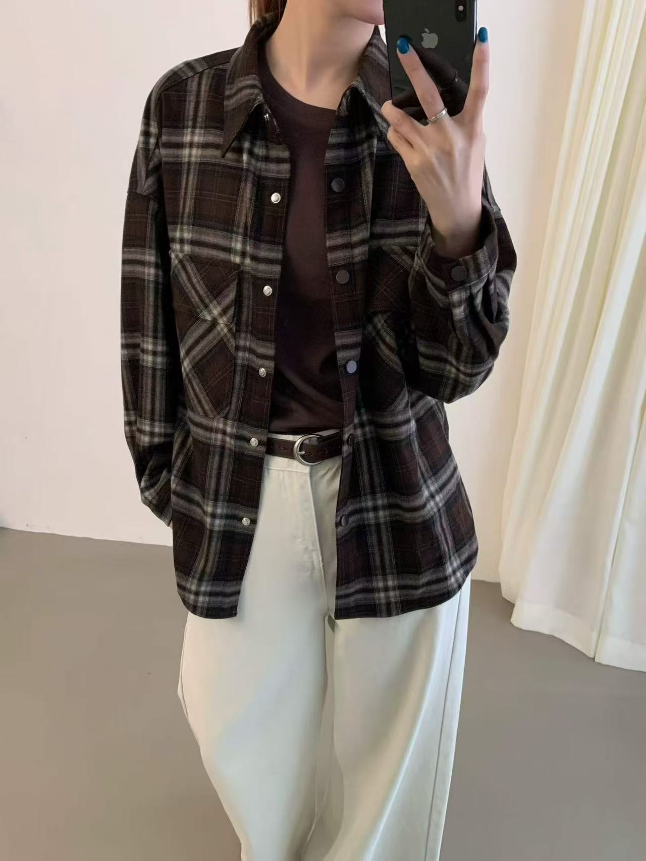 JJY复古格衬衫外套女秋季慵懒宽松磨毛格子衬衣休闲叠穿外搭26020