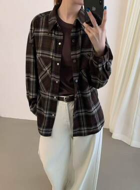 JJY复古格衬衫外套女秋季慵懒宽松磨毛格子衬衣休闲叠穿外搭26020