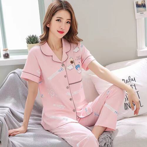 美梦睡衣女士夏季100%纯棉薄款开衫翻领短袖家居服套装可外穿休闲