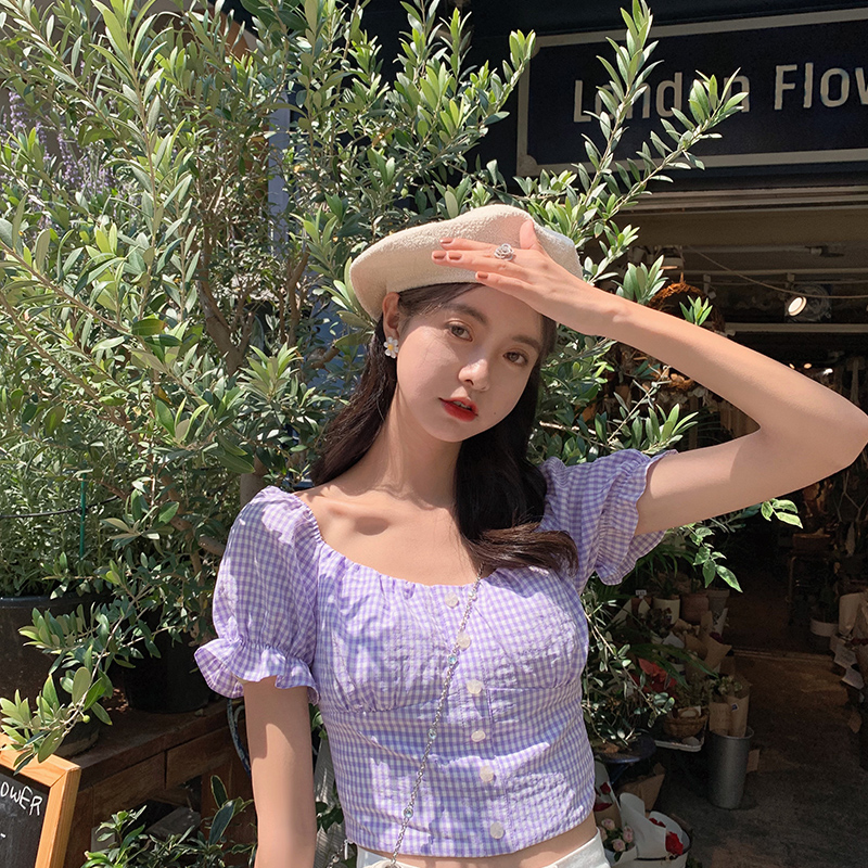 范智乔 法式复古上衣女夏设计感小众卡腰短款洋气泡泡袖格子衬衫79.00元包邮
