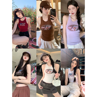 范智乔美式复古印花工字背心女弹力极简圆领无袖上衣百搭内搭吊带