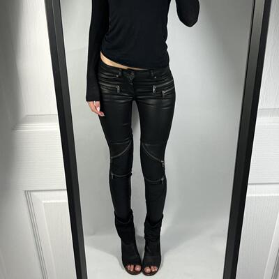 现 Back to 2010 models 超模神裤 拉链设计 涂层皮裤