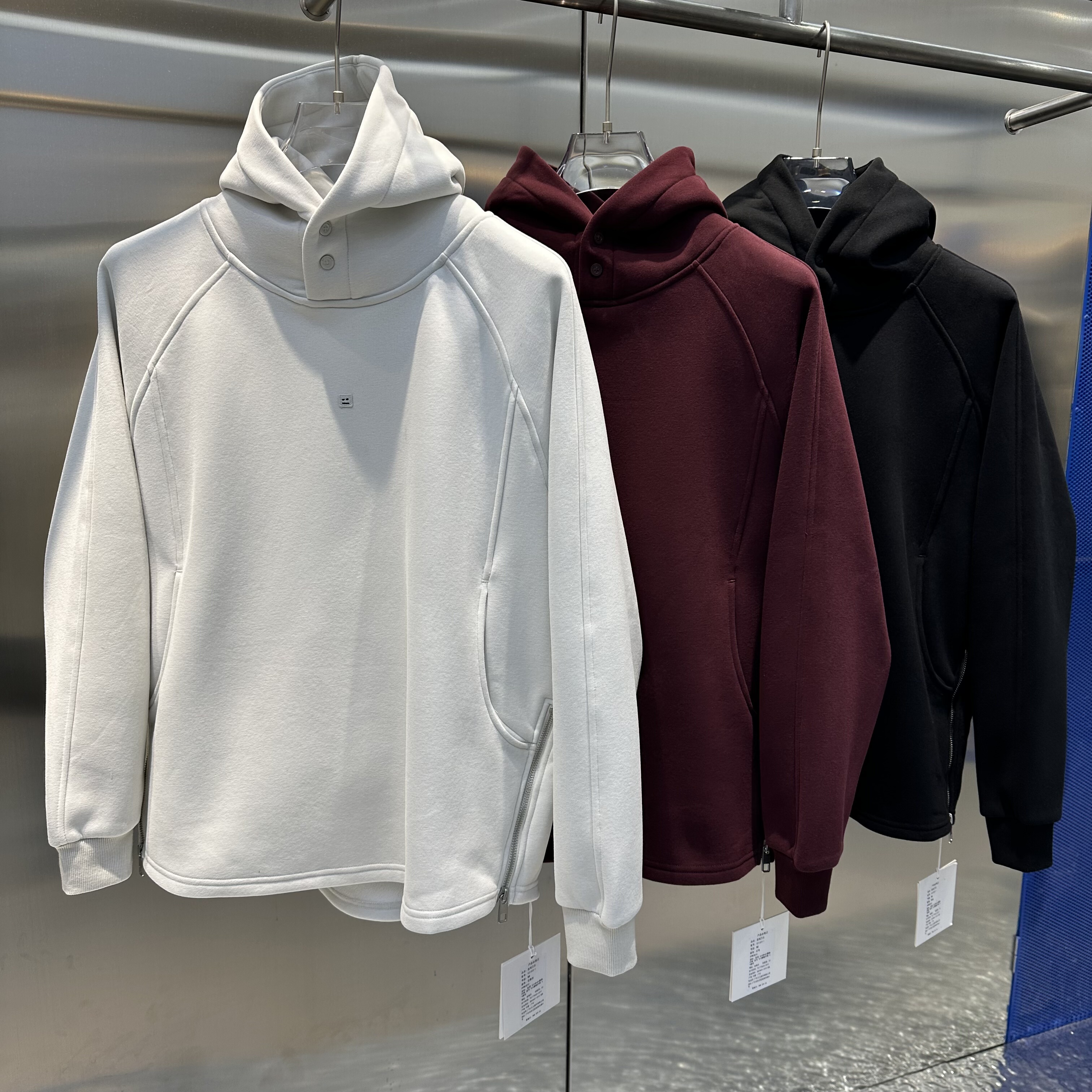 重磅刺绣加绒加厚连帽男士卫衣美式宽松纯色不规则设计文艺上衣潮