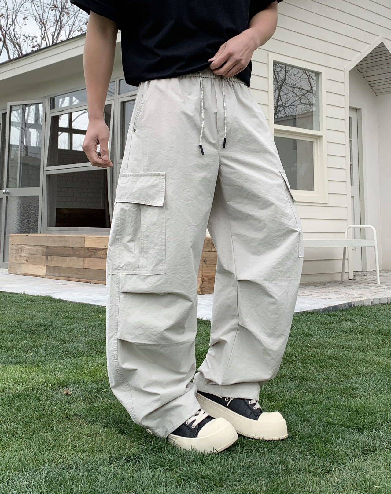 夏季薄款立体褶皱美式工装风多口袋阔腿裤男新款直筒潮流休闲裤