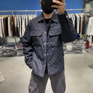 2023冬季新款男士薄款90绒羽绒服夹克衬衫领碎花字母潮牌羽绒外套