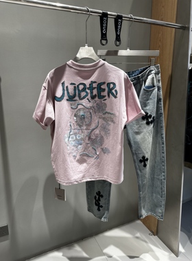 美式潮牌字母彩绘短袖T恤男古伦尚夏季新款宽松街头潮流半袖体恤