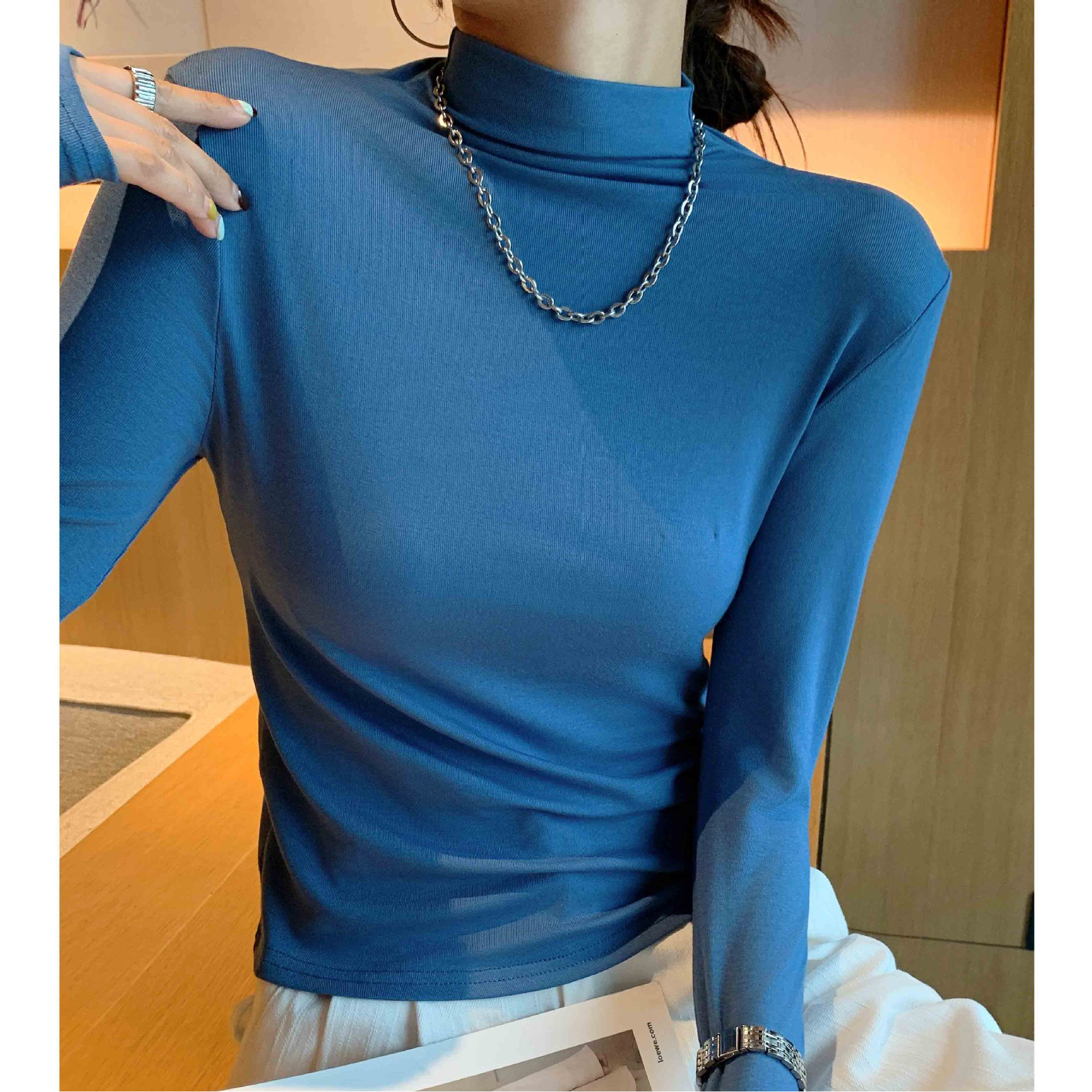 H898半高领莫代尔打底衫女秋季新款内搭洋气修身百搭长袖T恤上衣