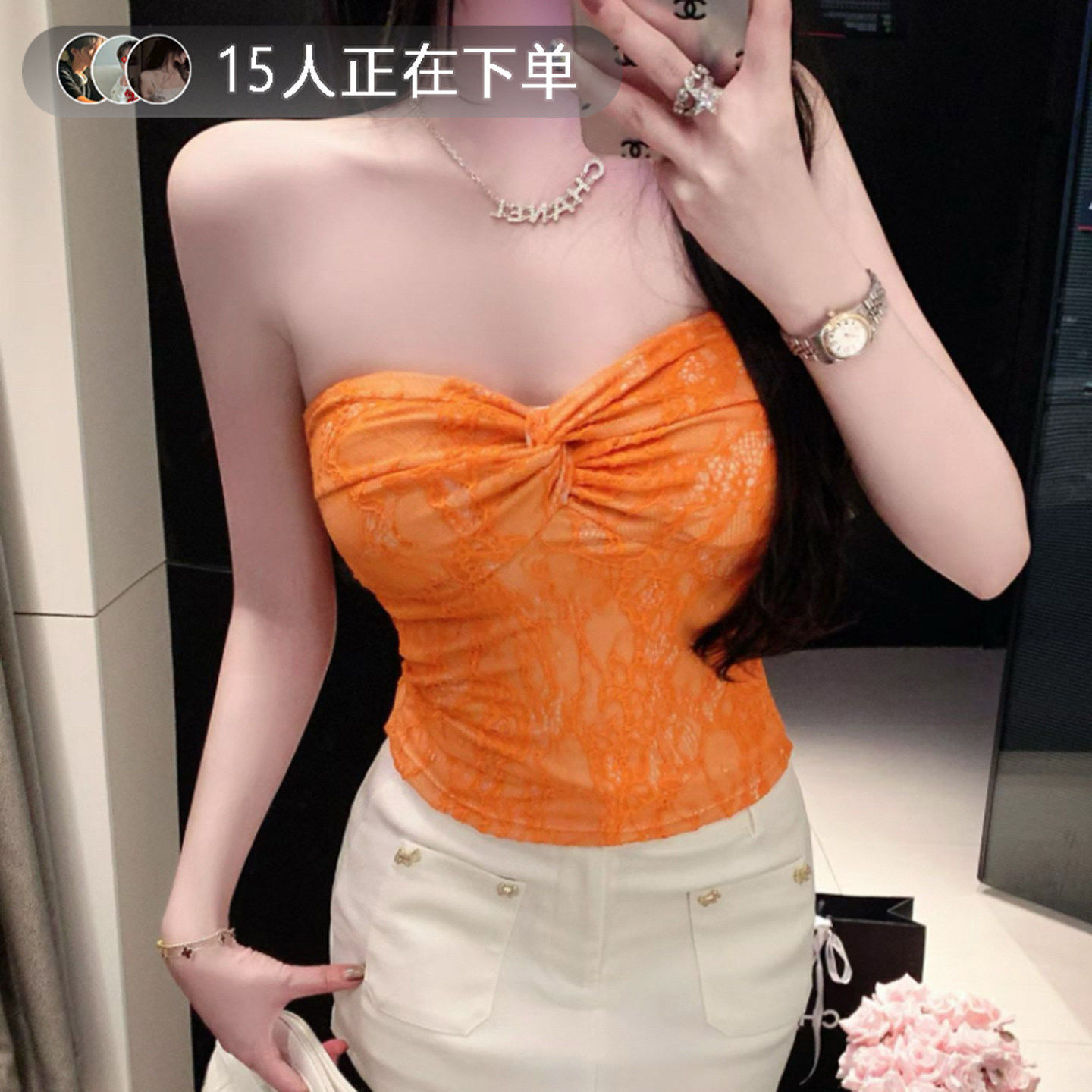 辣妹蕾丝拼接抹胸背心女扭结一字领无袖上衣2026春夏内搭打底美背,女装/女士精品,抹胸,淘宝优惠券,粉丝福利购,淘宝优惠卷