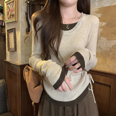 韩系假两件拼色针织衫女春秋新款圆领抽绳可外穿内搭打底衫上衣潮