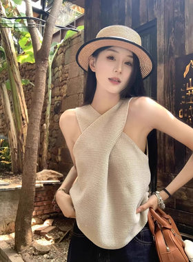 辣妹交叉无袖针织背心女夏季修身设计感小众别致小衫露肩挂脖上衣