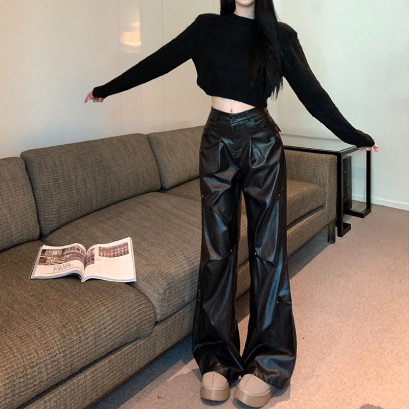 复古美式黑色皮裤+黑色短款针织衫女2025年秋季新款韩版时尚套装
