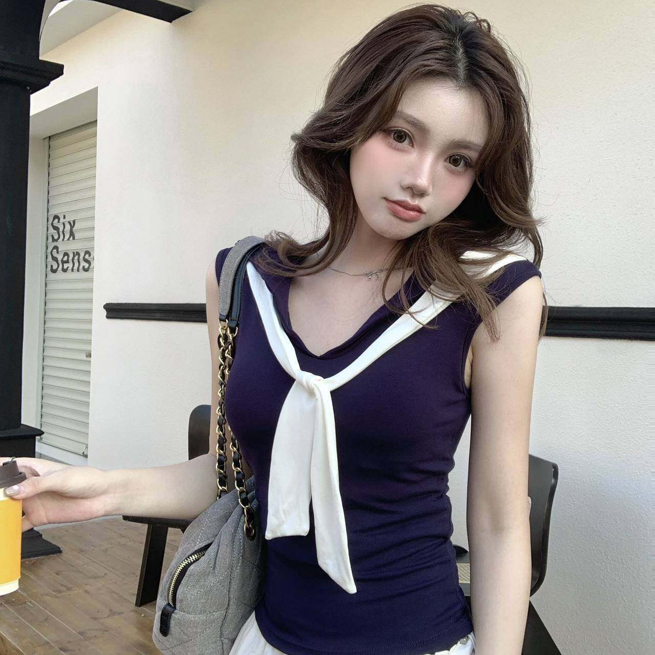 学院风海军领撞色系带无袖背心女夏季内搭外穿带胸垫修身美背上衣,女装/女士精品,抹胸,淘宝优惠券,粉丝福利购,淘宝优惠卷