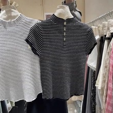 夏不规则修身别致设计感半高领条纹正肩短袖t恤女短款针织衫上衣