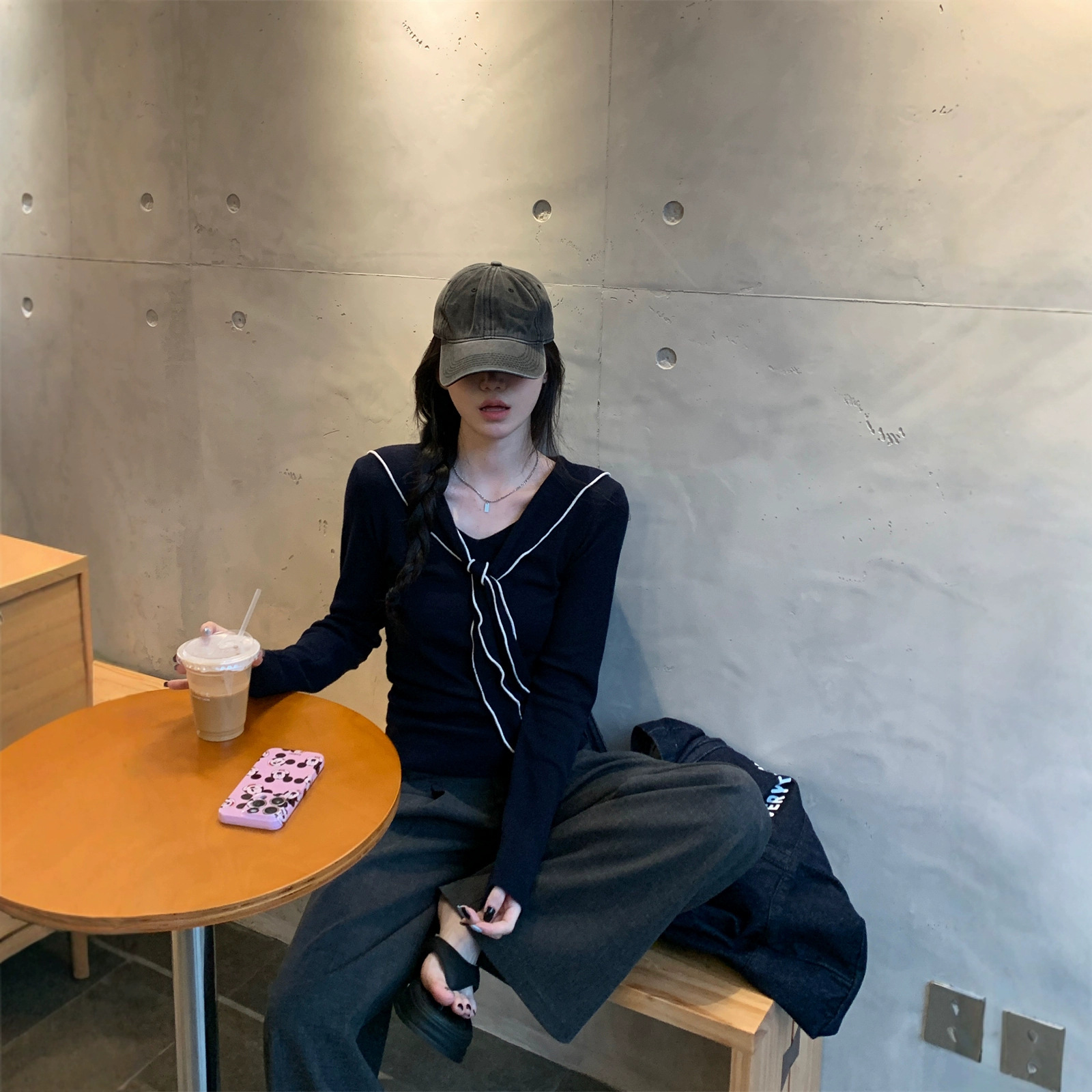 减龄学院绑带海军领撞色修身显瘦上衣2025秋冬甜美气质长袖针织衫