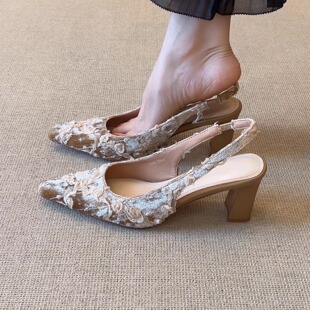 后绊带包头凉鞋 nnmiss 7cm绝美温柔蕾丝尖头压花布粗跟小个子时尚