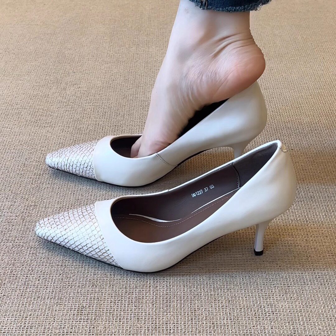 nnmiss/7cm气质尖头拼接鱼纹浅口一脚蹬优雅细跟百搭通勤高跟单鞋