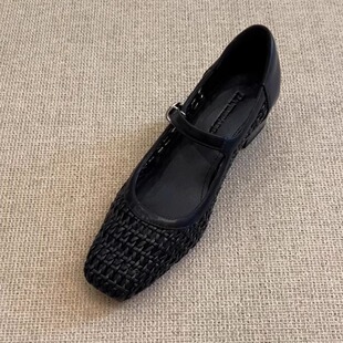 5cm小众方头编织镂空透气复古浅口一字带粗跟单鞋 nnmiss·34