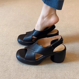 厚底粗跟交叉带舒适百搭高跟一字带罗马凉鞋 nnmiss 7cm法式