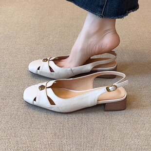 nnmiss/3cm法式优雅方头镂空山茶花低跟日常通勤包头后空凉鞋女