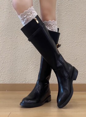 NNMISS•34-40/3cm复古牛皮百搭圆头粗跟显瘦皮带扣长筒骑士靴女