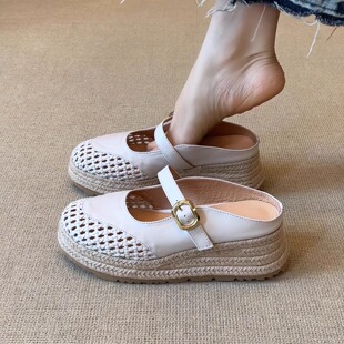 编织拼接一字带包头拖鞋 nnmiss 5.5cm小个子休闲草编厚底坡跟凉鞋