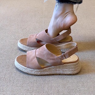 nnmiss 5cm复古风草编坡跟厚底鱼嘴后绊带百搭露趾罗马凉鞋