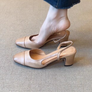 nnmiss/6cm极简优雅头层牛皮圆头镂空后绊带百搭通勤包头粗跟凉鞋