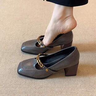 浅口单鞋 6cm复古方头金属链条高跟玛丽珍气质时尚 nnmiss·34