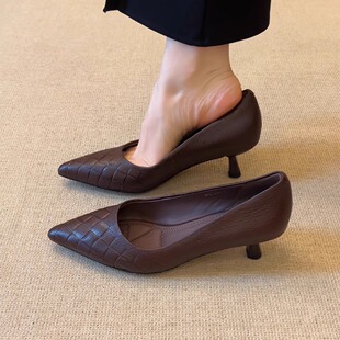 气质细跟单鞋 5cm复古尖头编织纹浅口一脚蹬高跟鞋 nnmiss·34