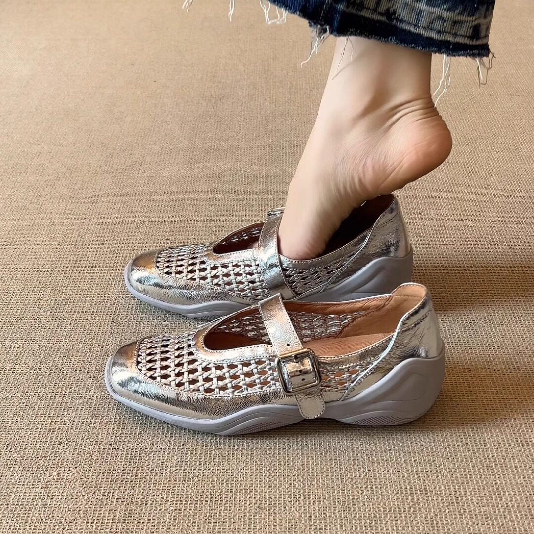 nnmiss/3cm时尚复古风厚底凉鞋百搭编织镂空透气运动感玛丽珍单鞋