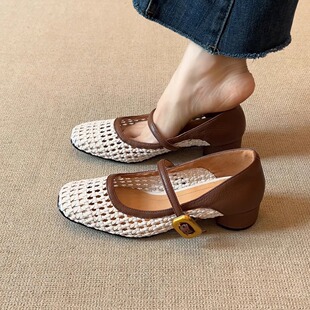 3.5cm复古方头编织镂空透气浅口拼色一字带通勤单鞋 nnmiss34