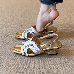 方头鱼纹H型后绊带异型坡跟气质舒适露趾凉鞋 nnmiss 5cm小众时尚