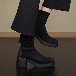 nnmiss 7cm巨轻绒面擦色圆头弹力瘦瘦靴简约舒适柔软通勤厚底短靴