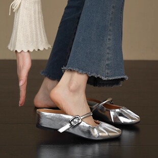 圆头褶皱坡跟浅口一字带外穿包头凉拖鞋 4.5cm法式 nnmiss·34