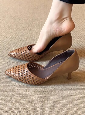 nnmiss/5.5cm复古通勤编织镂空打孔尖头细跟高跟百搭凉鞋