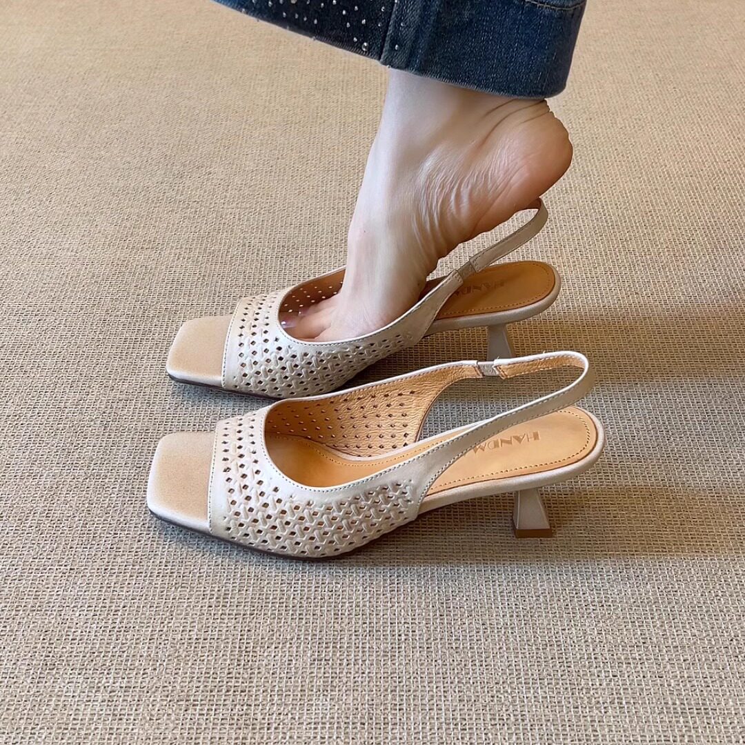 nnmiss/5.5cm极简复古方头镂空洞洞透气后绊带细跟露趾凉鞋
