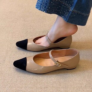复古尖头浅口一字带低跟单鞋 2cm小香风拼色玛丽珍鞋 nnmiss34