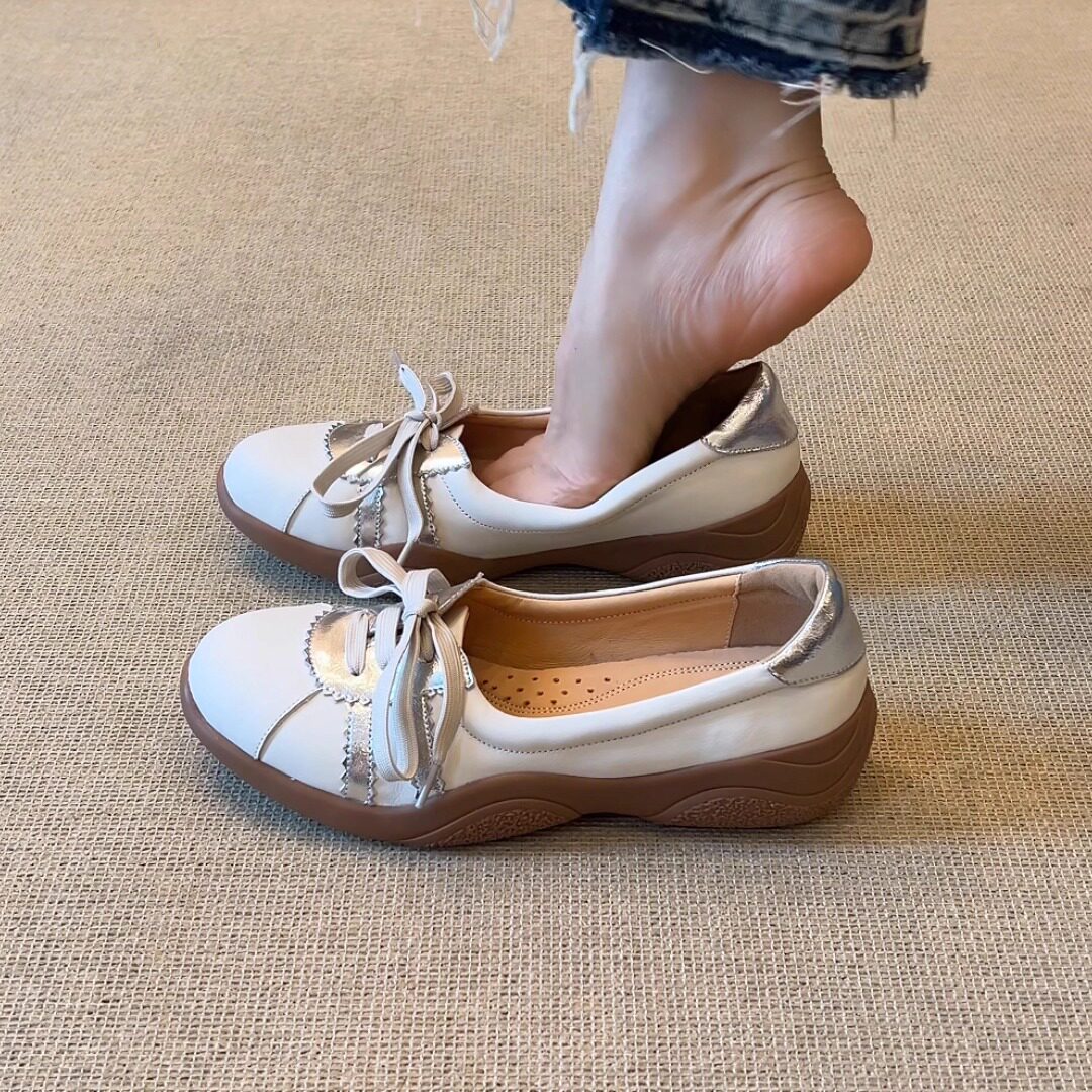 5cm厚底圆头拼色系带舒适单鞋法式头层牛皮浅口运动风休闲德训鞋