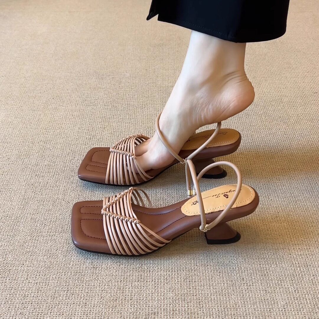 nnmiss/5.5cm度假风编织两穿高跟凉鞋时尚百搭舒适露趾外穿凉拖鞋